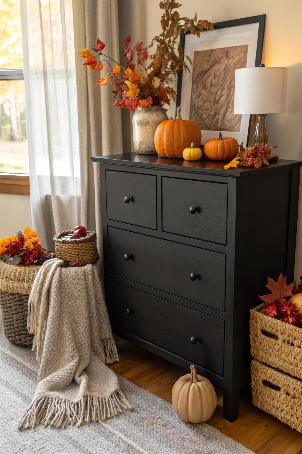 A black dresser adorned with seasonal decor for a fresh look.