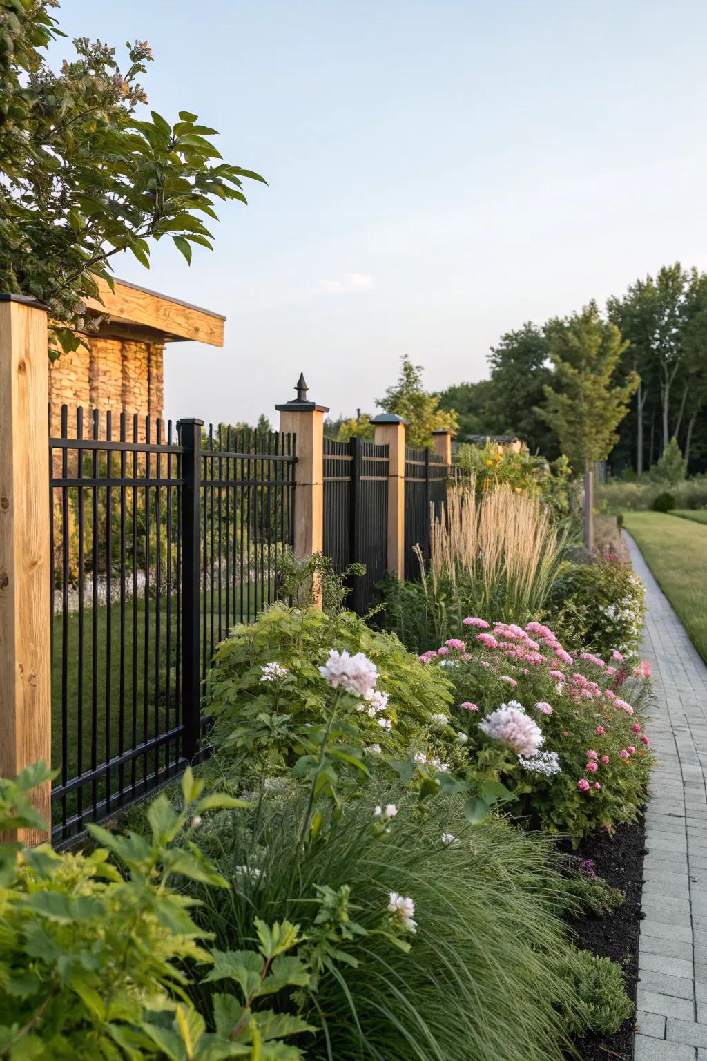 A warm combination of black fencing with natural wood elements.