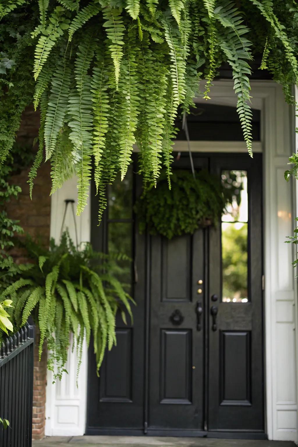 Lush hanging fronds bringing nature's charm to a dark-toned door.