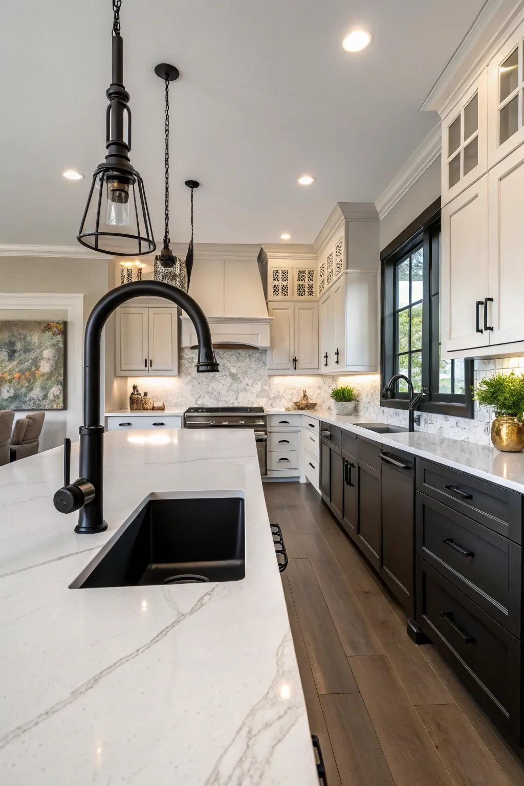 Architectural balance enhances the elegance of this kitchen, featuring a dark tap.