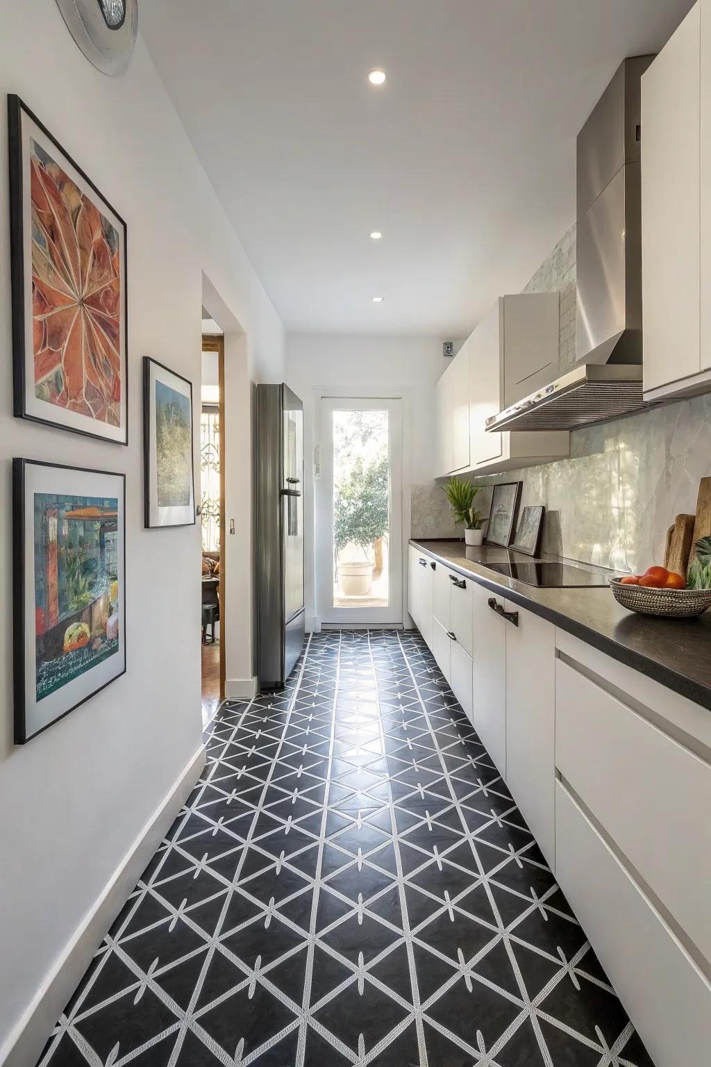 A kitchen displaying artful geometric designs on ink floor tiles.