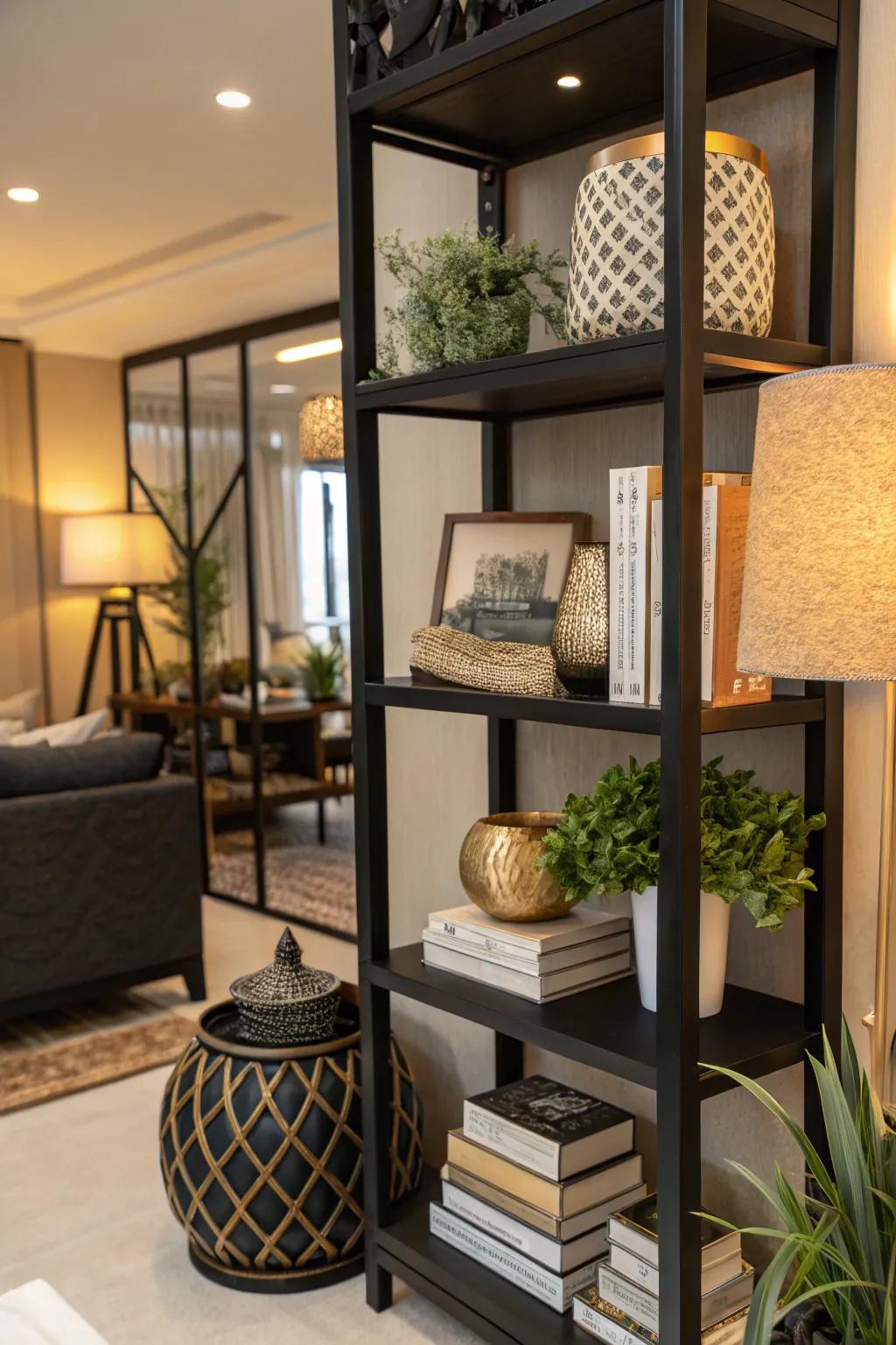 Color-synchronized design creating an orderly aesthetic on a dark shelf.