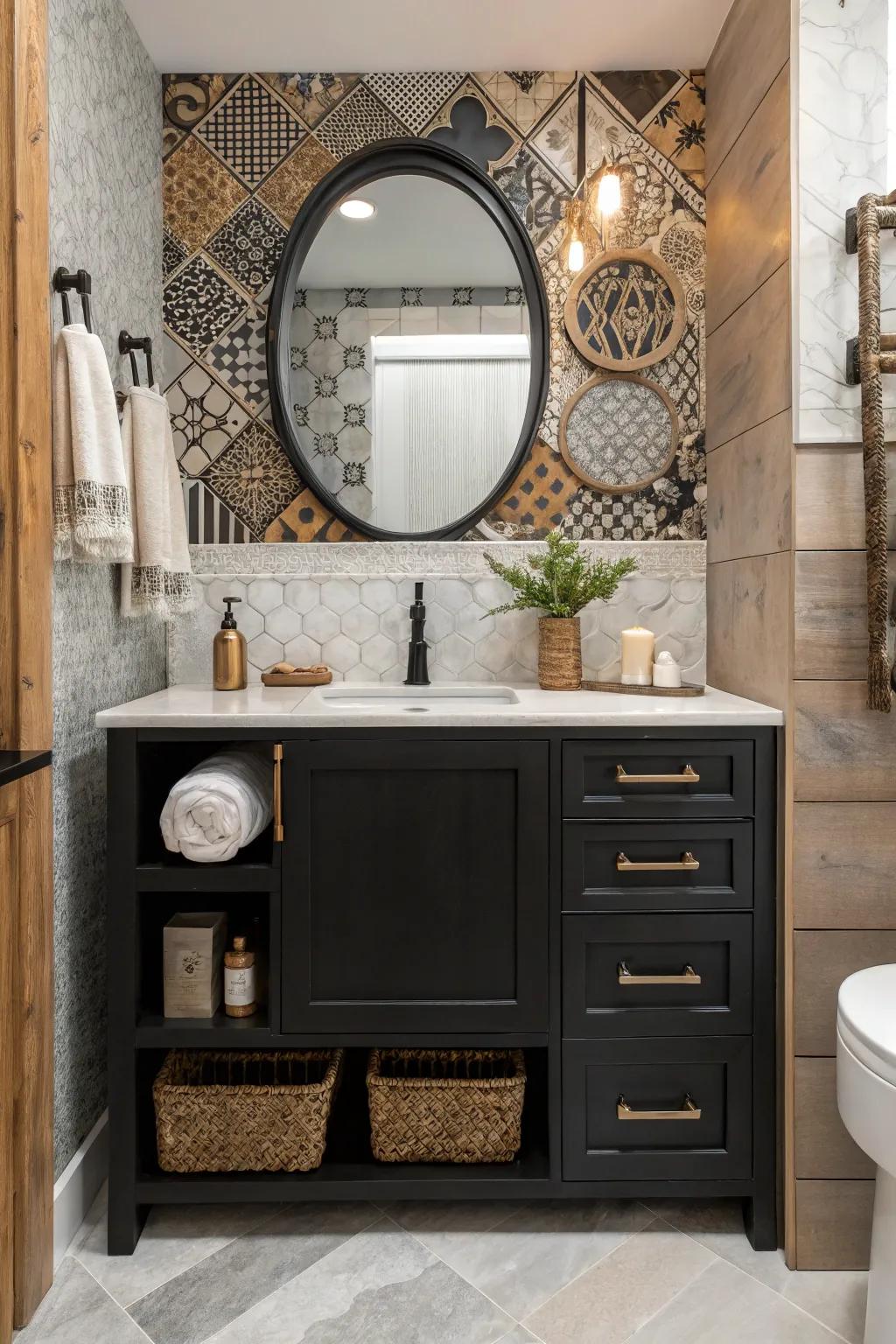 An odd mix of textures around a dark sink cabinet adds depth and makes things interesting.