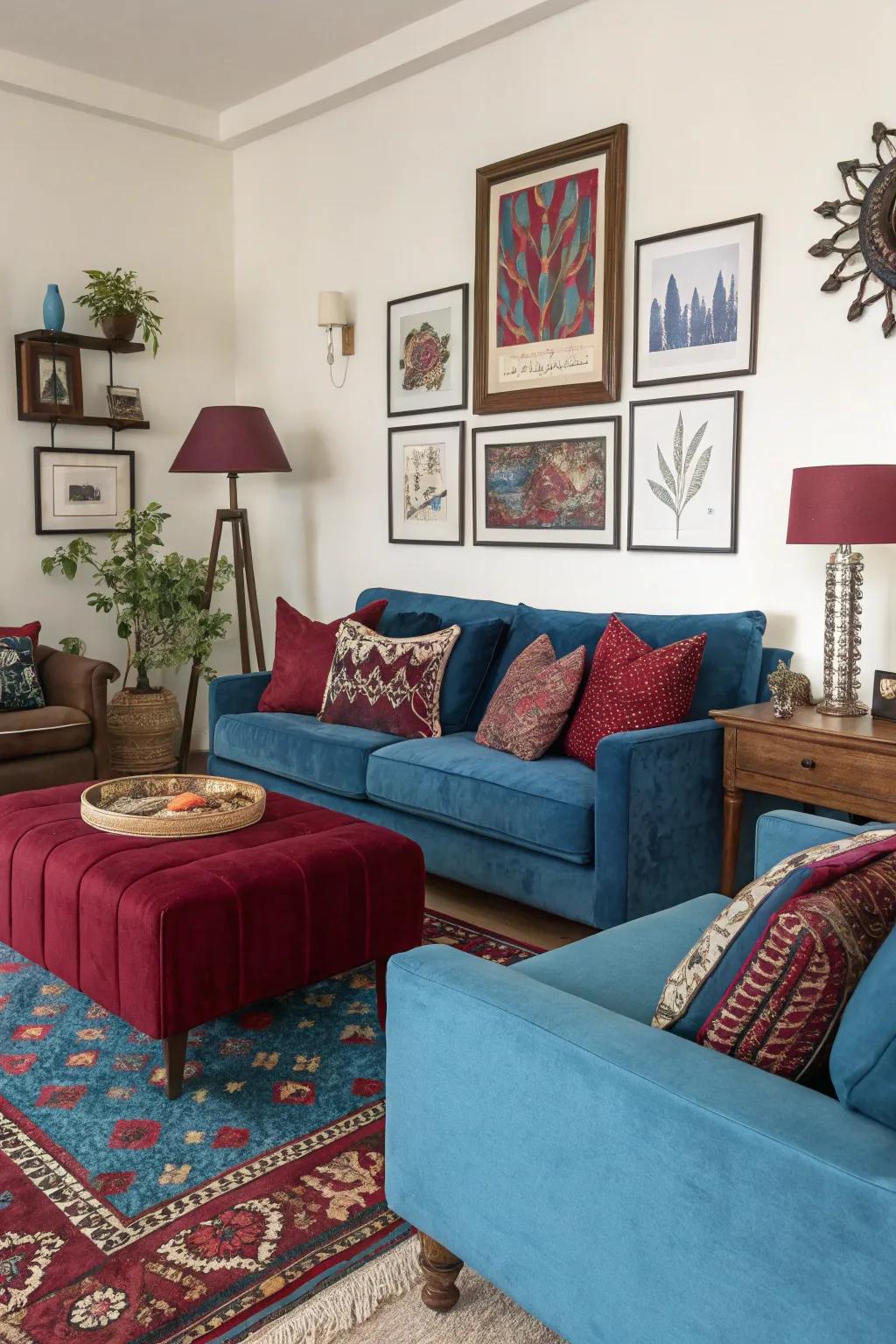 Surprising bursts of azure and crimson inject vibrancy.