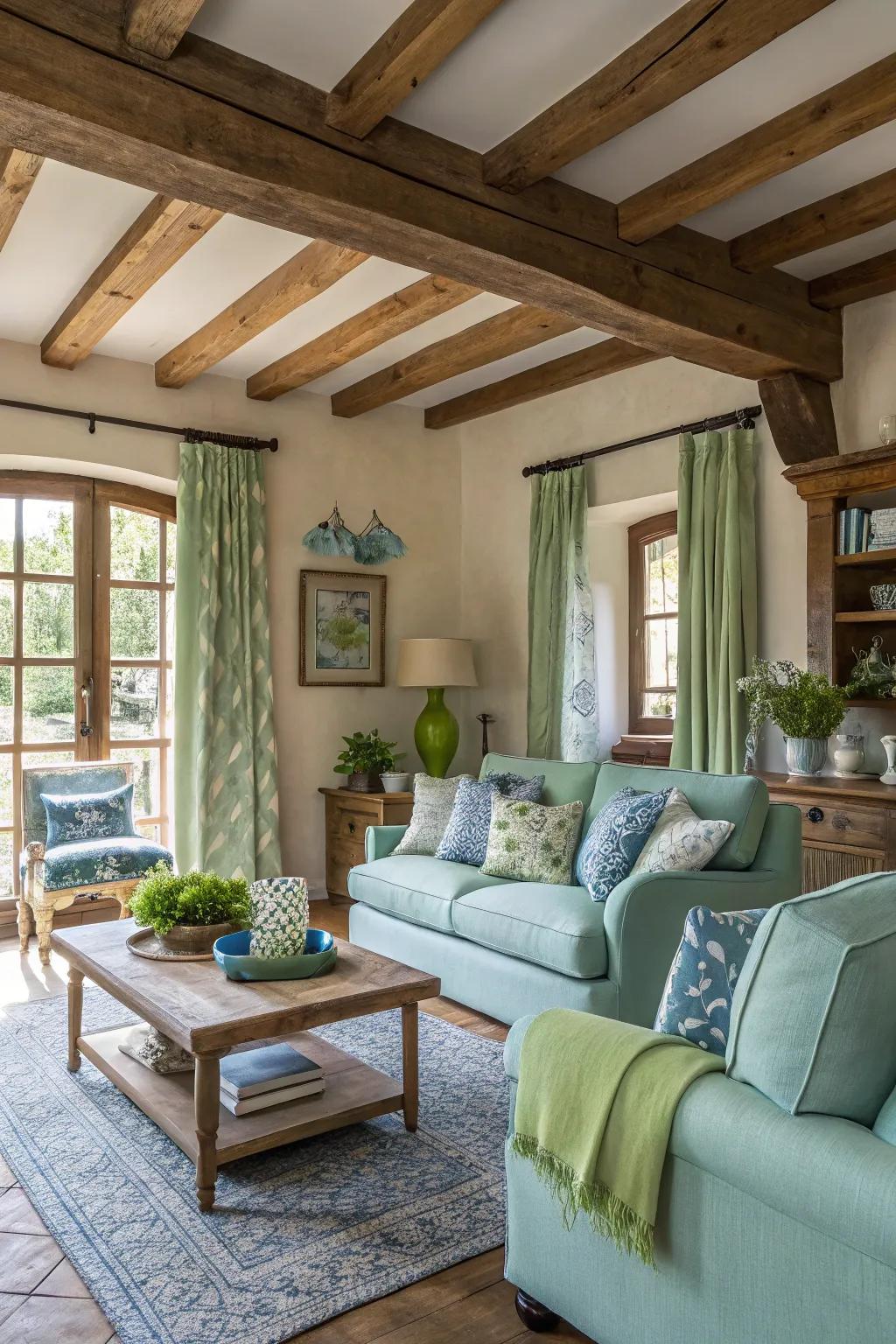 Countryside elements meet elegance in blue and green.