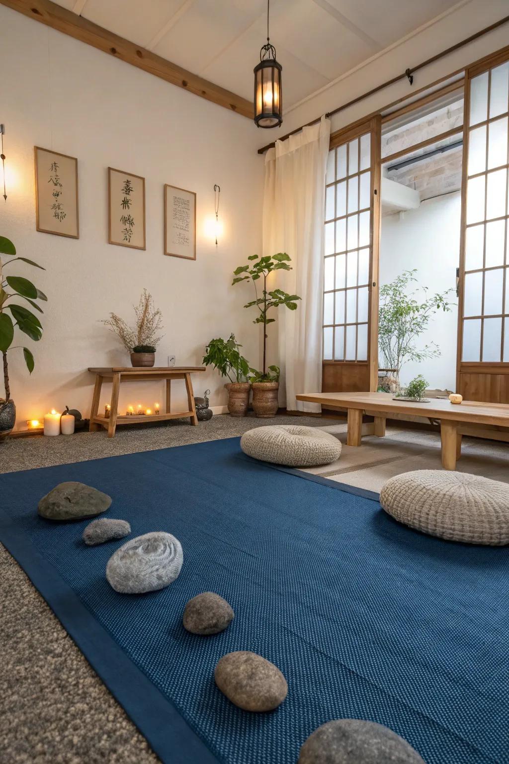 A cerulean carpet establishes the groundwork for a serene, Zen-inspired dwelling space.