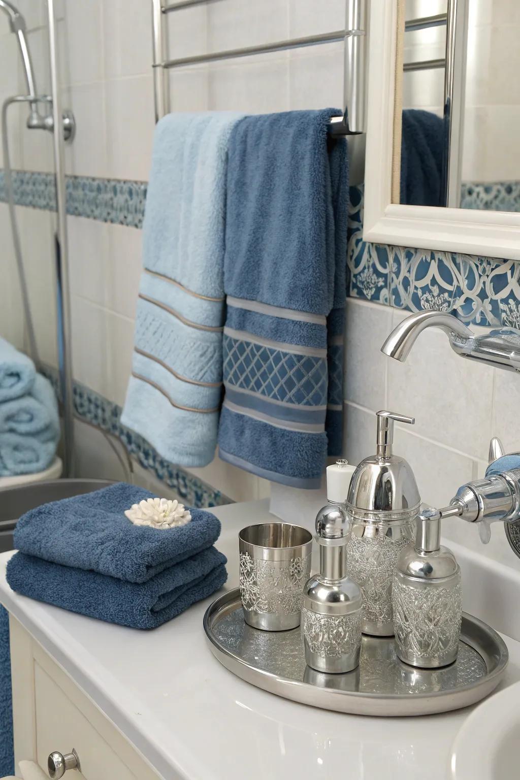 Azure and argent accents convey holiday cheer to your lavatory.