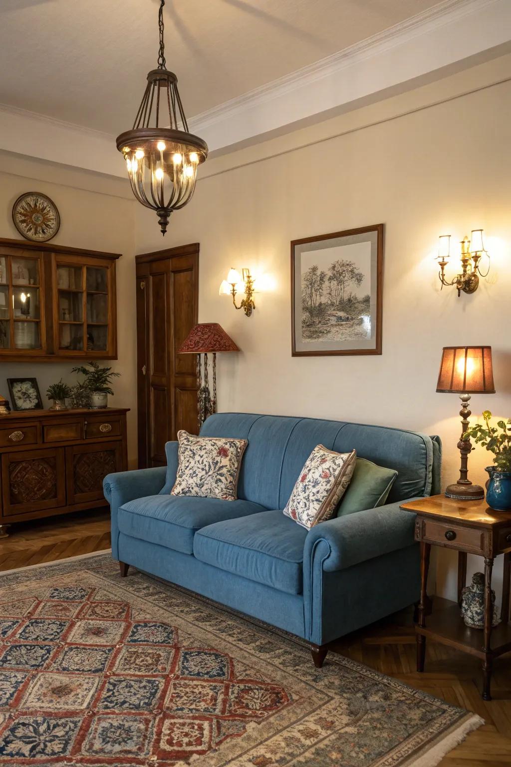 Vintage lighting adds elegance and nostalgia to a blue sofa arrangement.