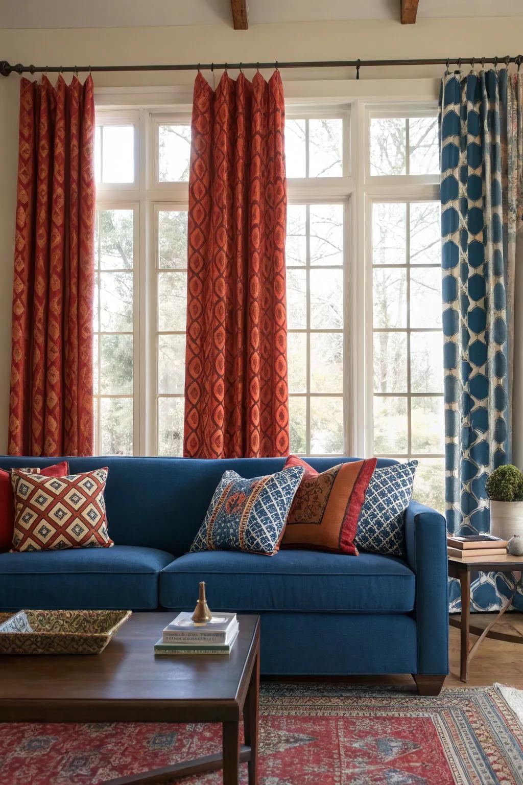 Bold curtains add a stylish statement to the lounge.