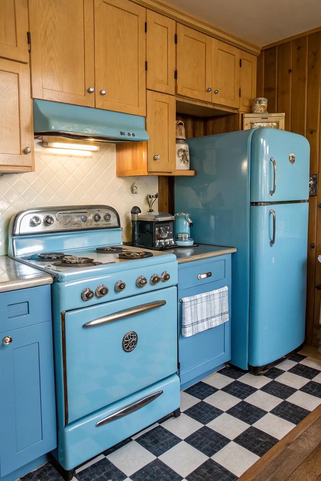 Vintage azure appliances inject a playful nuance into the kitchen.