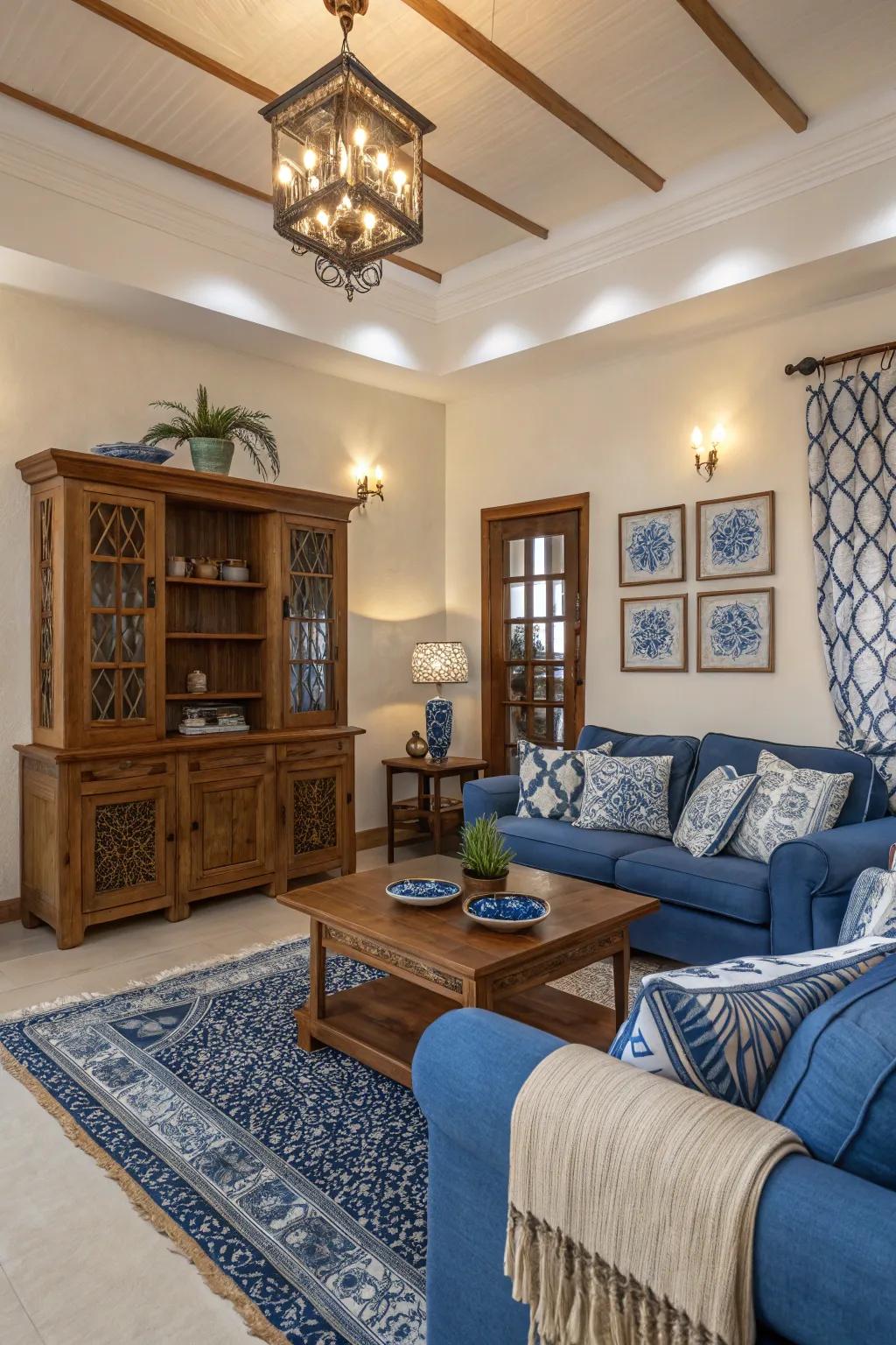 Warm timber shades enhance the cozy atmosphere of this blue-themed living room.