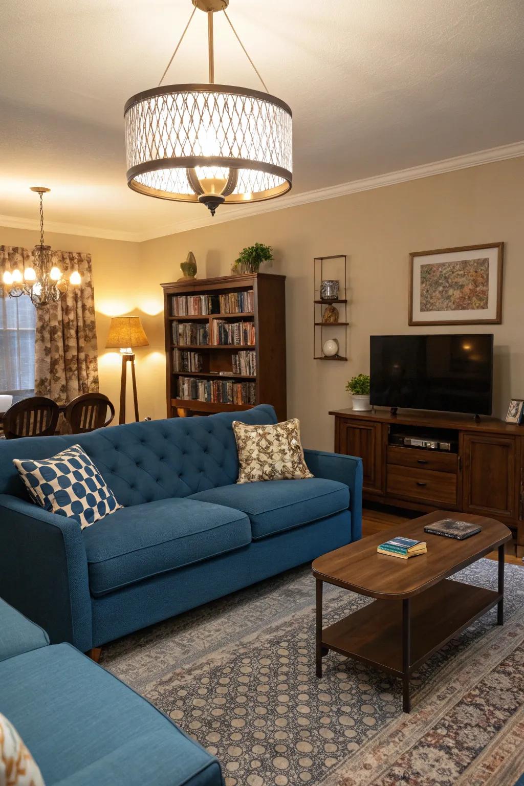 Unique illumination enhances the ambiance around a cerulean couch.