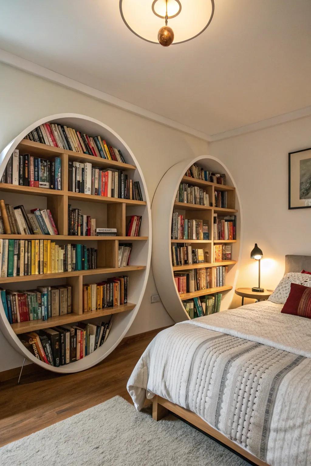 A statement piece: round bookcases that add visual interest.
