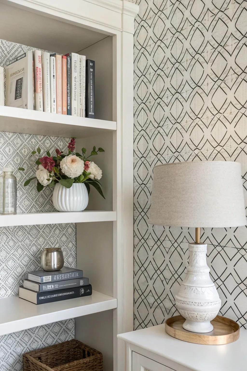 Bookshelf with monochrome pattern wallpaper for a clean, minimalist look.