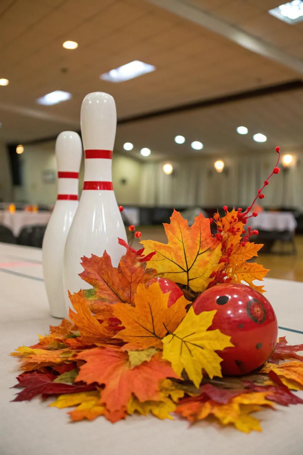 A season-related modification showcasing autumnal foliage for a novel bowling centerpiece.