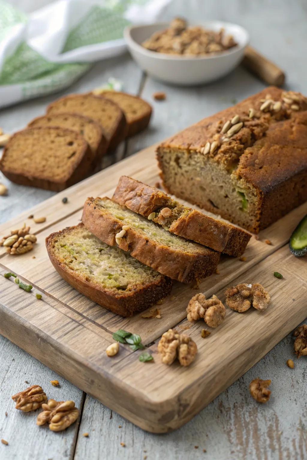 Zucchini bread with walnuts, a delicious and wholesome snack option.