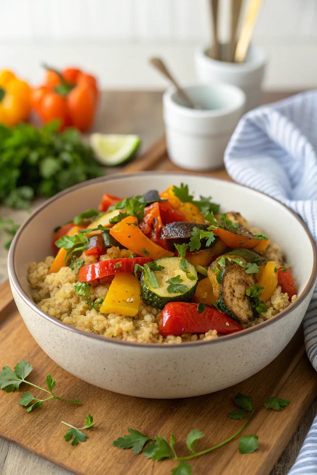 A nutritious quinoa bowl with roasted vegetables.