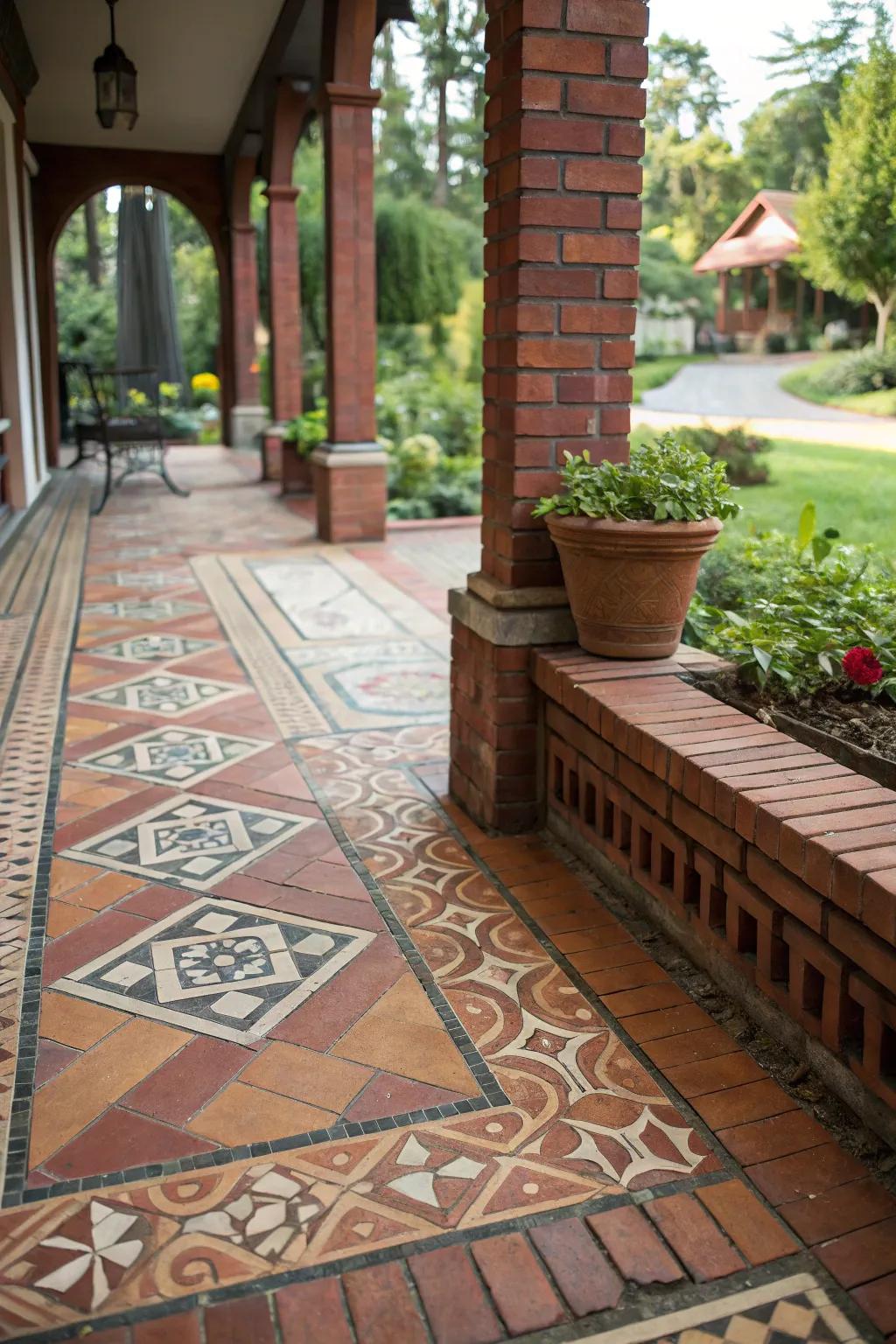Inlaid tiles contribute unique and artistic accents to stone block deck designs.