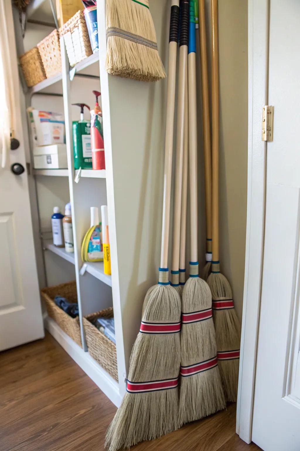 Simplify storage with Velcro-strapped brooms.