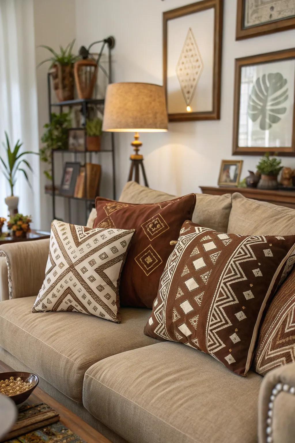 Motifs in cocoa tones heighten vitality and interest to the design.