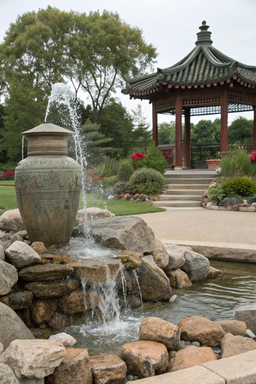 Cultural accents contribute profundity and intrigue to this garden fountain.