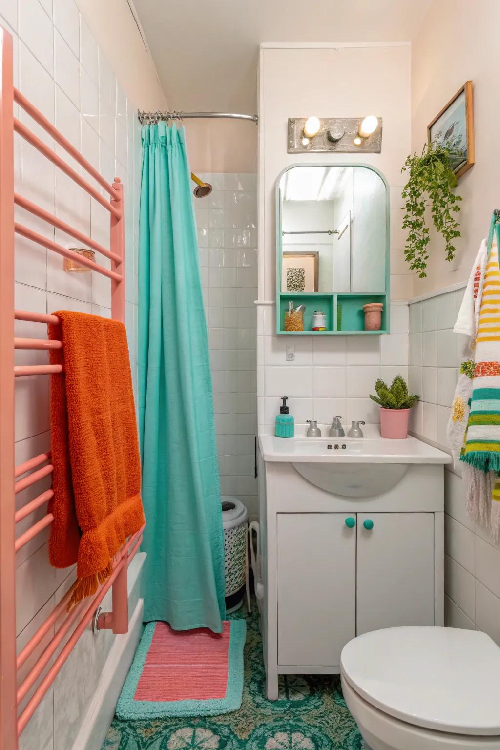 Bold accents add a touch of drama to this small bathroom.