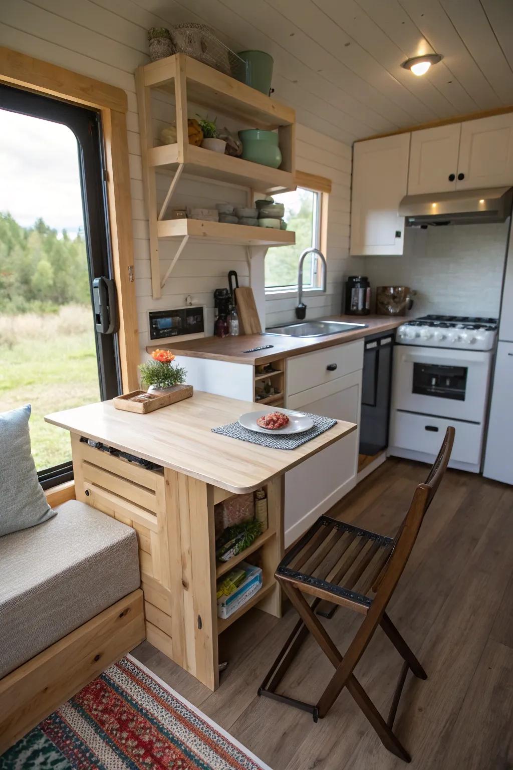 Multi-functional furniture optimizes area in this small kitchen.