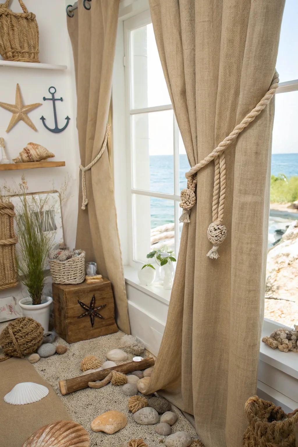 Coastal vibes with nautical accents on woven fiber drapes.