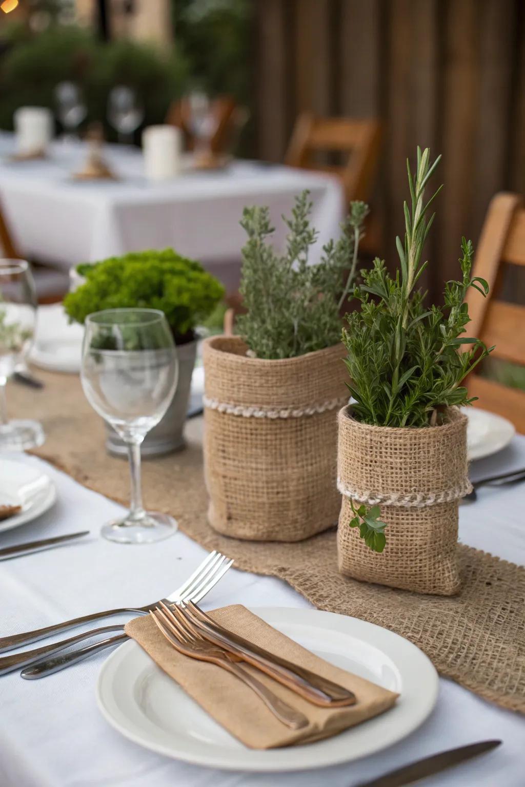 Hessian utensil holders keep dining neat and captivating.