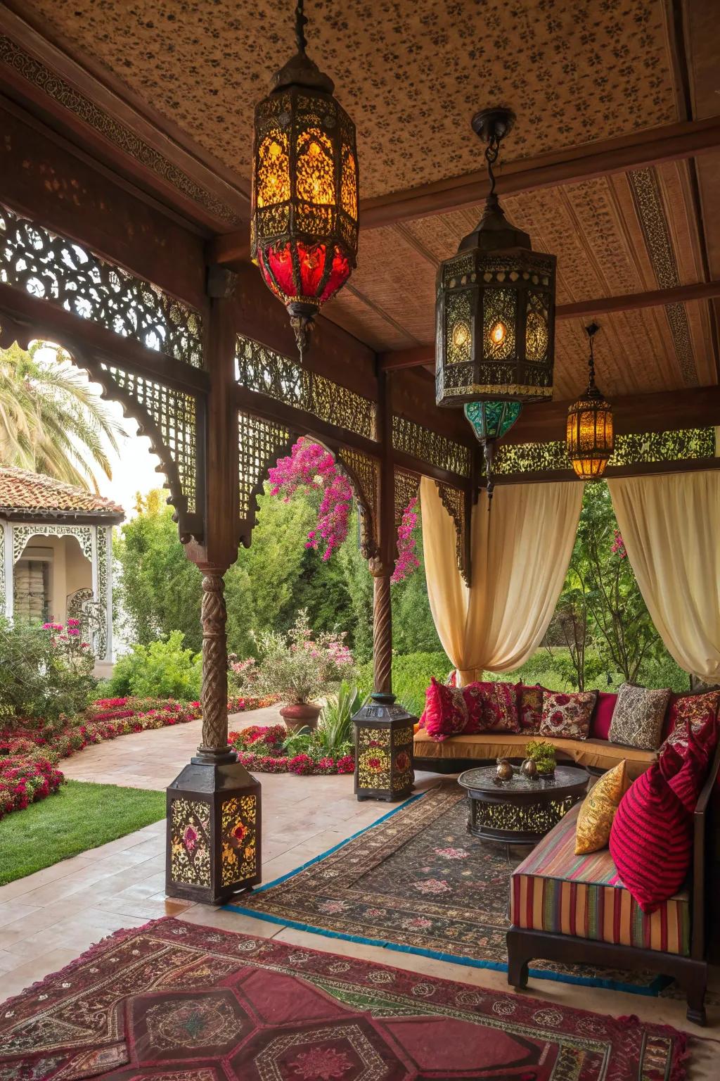 A vibrant Moroccan cabana displaying rich patterns and decor.