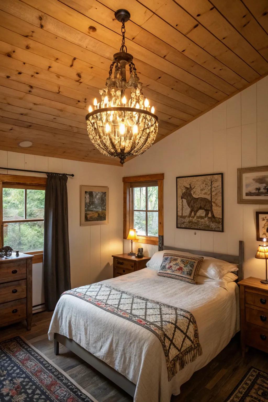 A cabin bedroom showcasing a vintage chandelier and one-of-a-kind art.