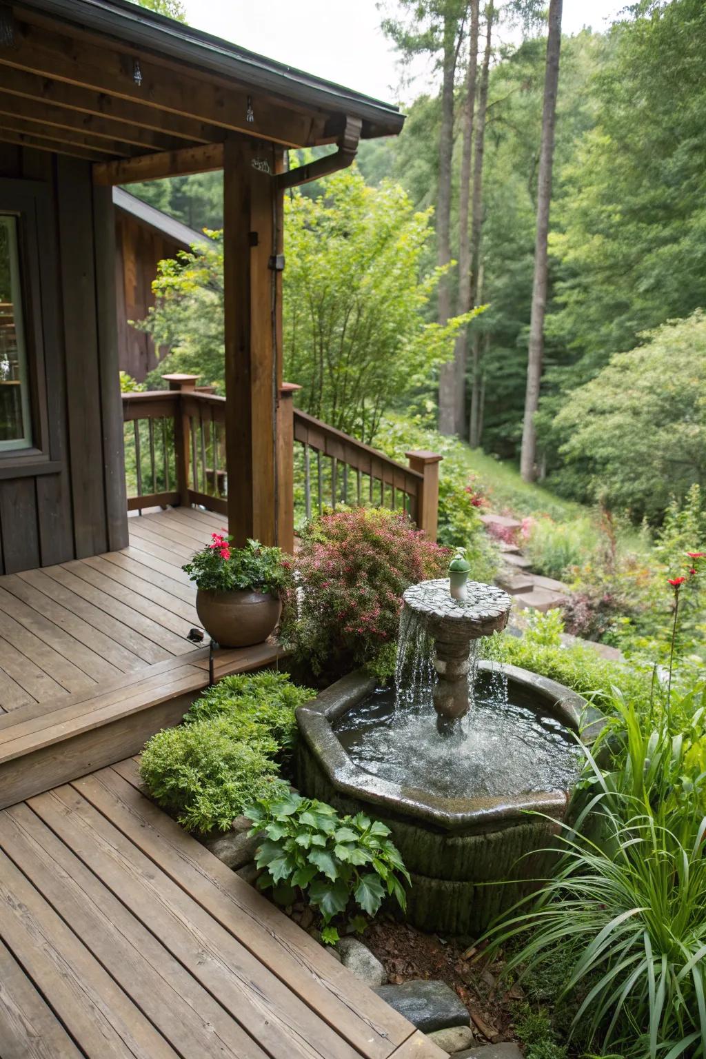 A water feature adding tranquility to the deck.