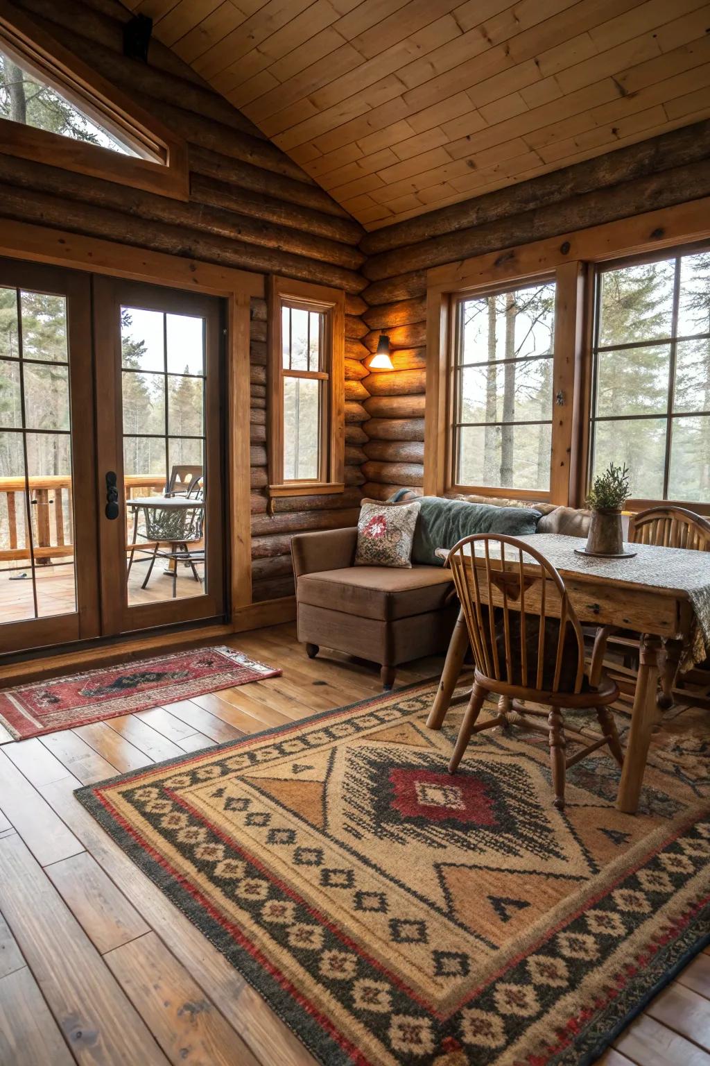 Layered rugs bring warmth and texture to the cabin floor.