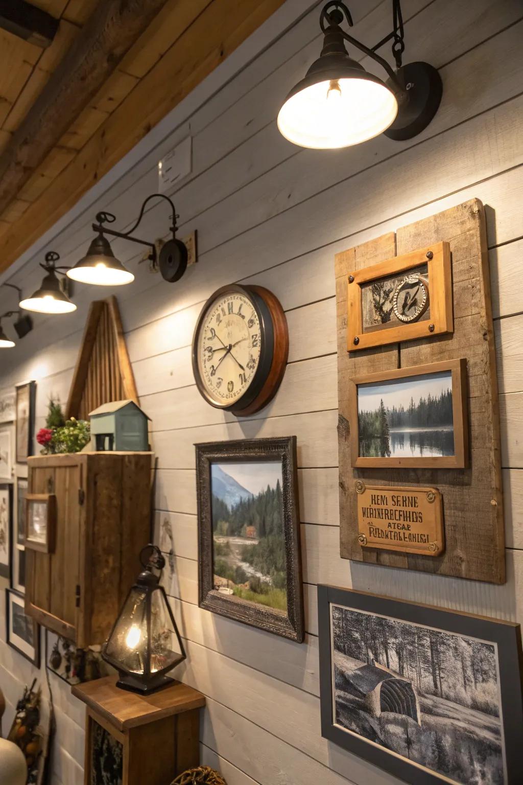 Spotlights highlight art and design inside a cabin.