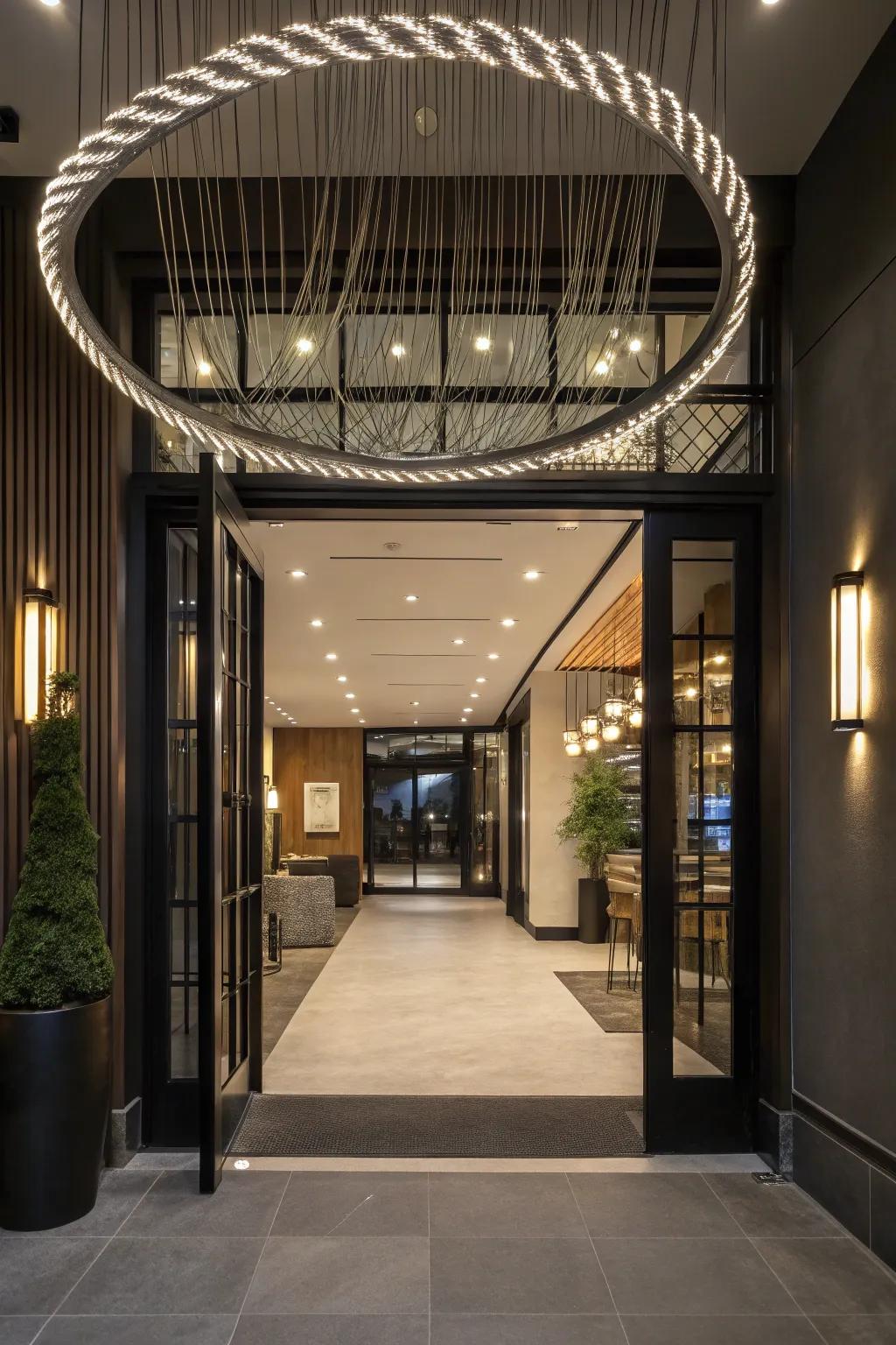 Forge a striking initial impression via dynamic entryway cable lighting.