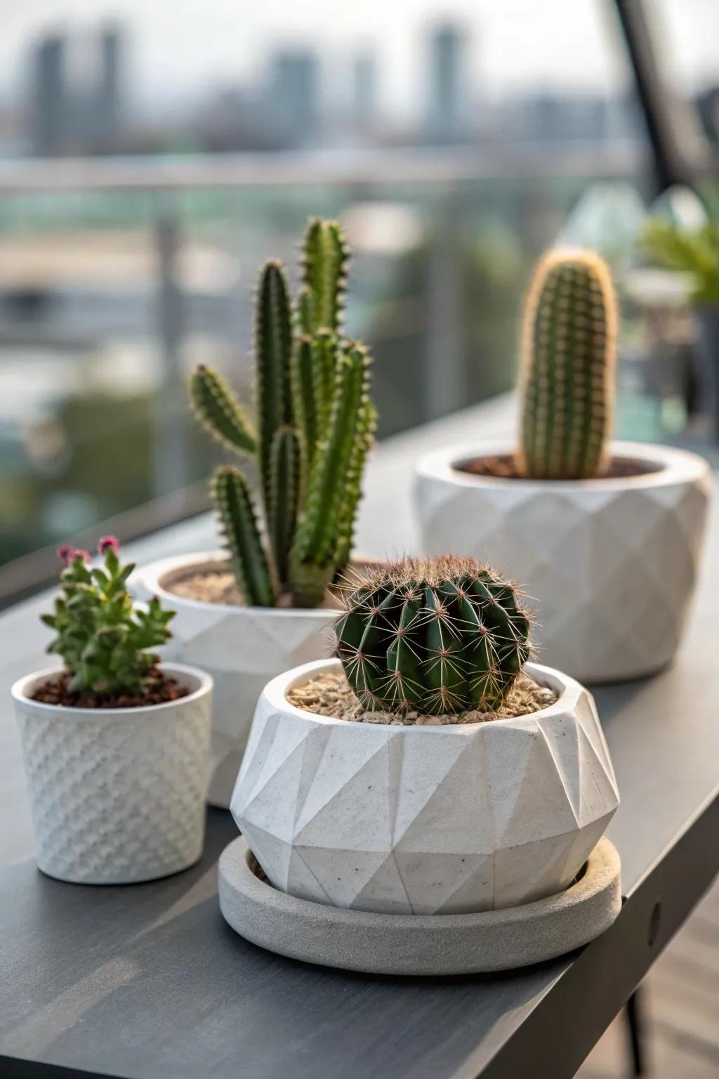 Artistic pots turn cacti into stunning conversation pieces.