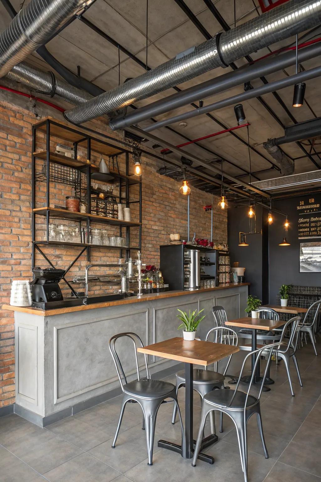 Industrial elements include a modern edge to your home cafe.