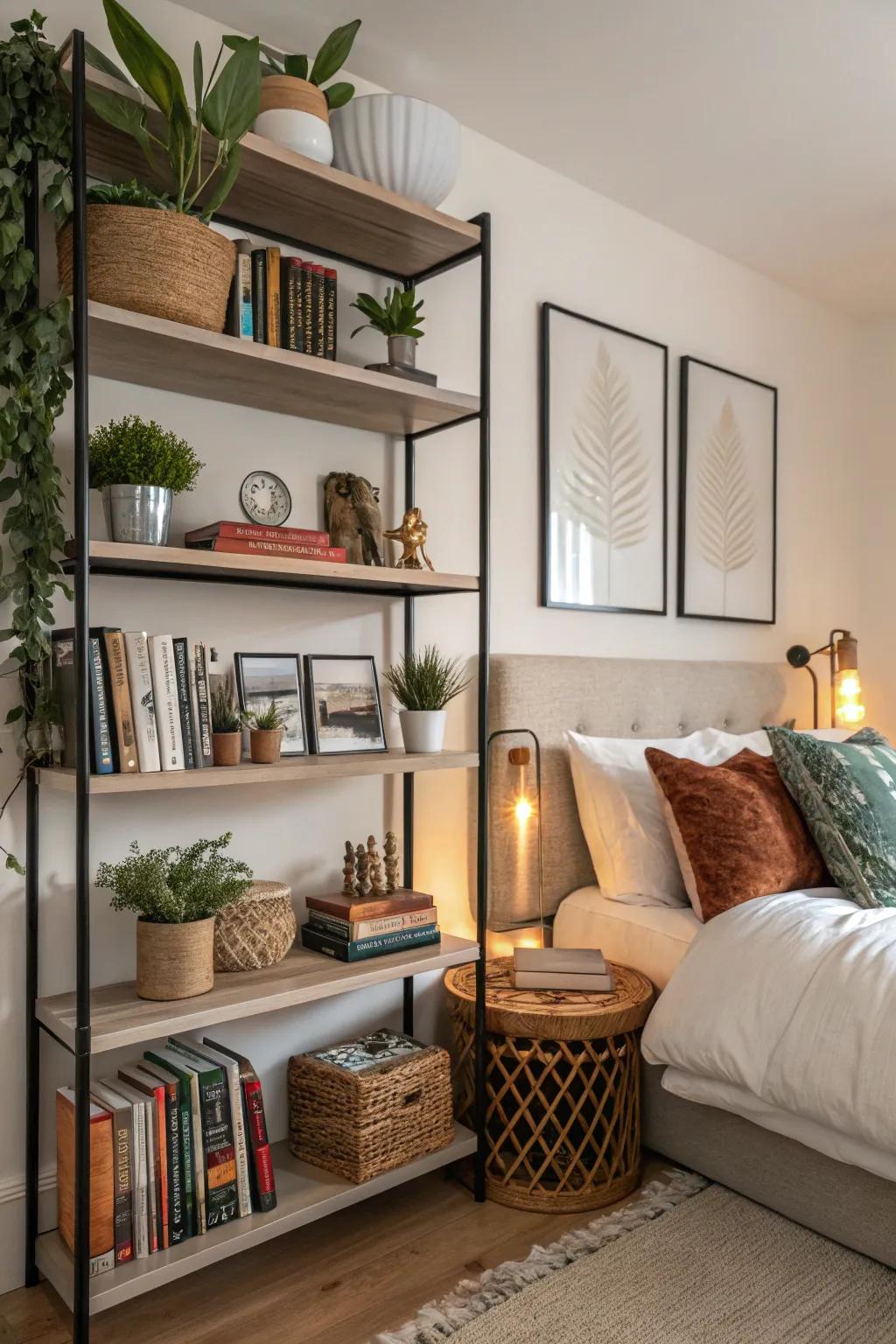 Bedroom design featuring open shelving with curated decor items for display.