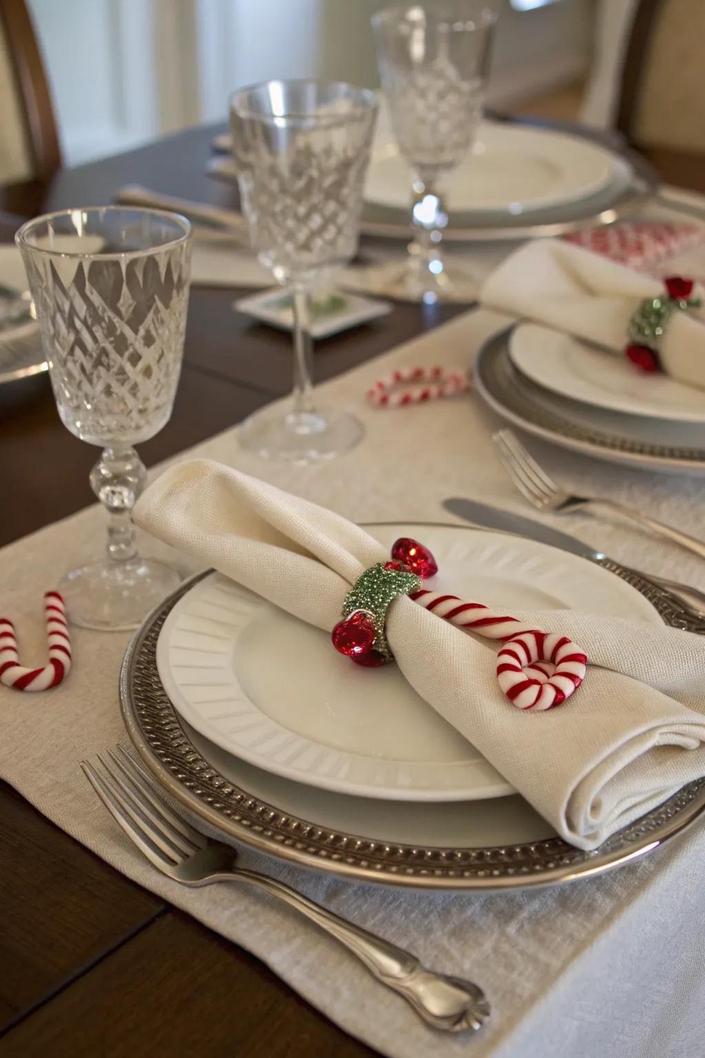 Add a personal touch with candy cane napkin rings.