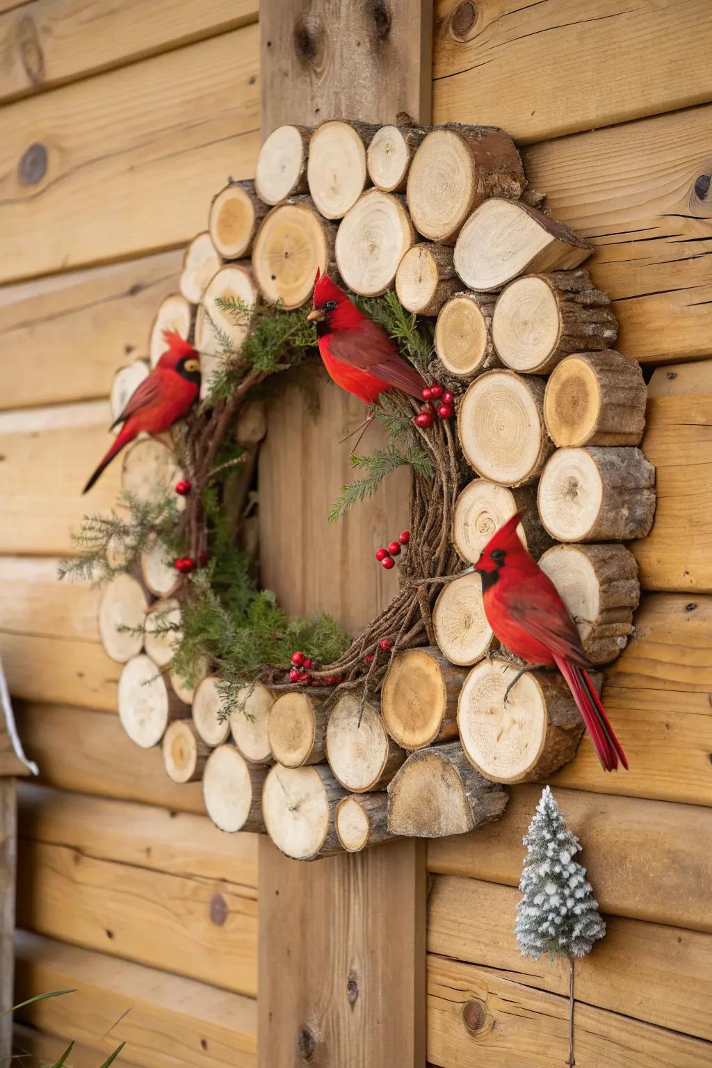 A rustic wreath with cardinals and natural wood elements.