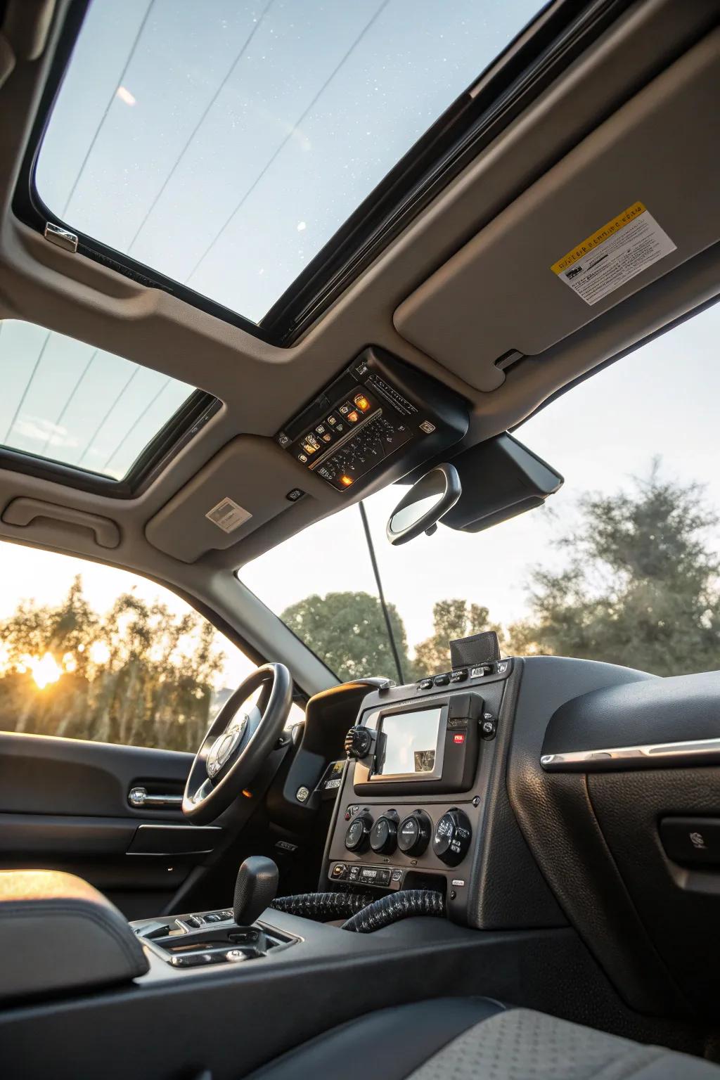 A fold-down sunroof console creates a sleek and hidden unit setup.