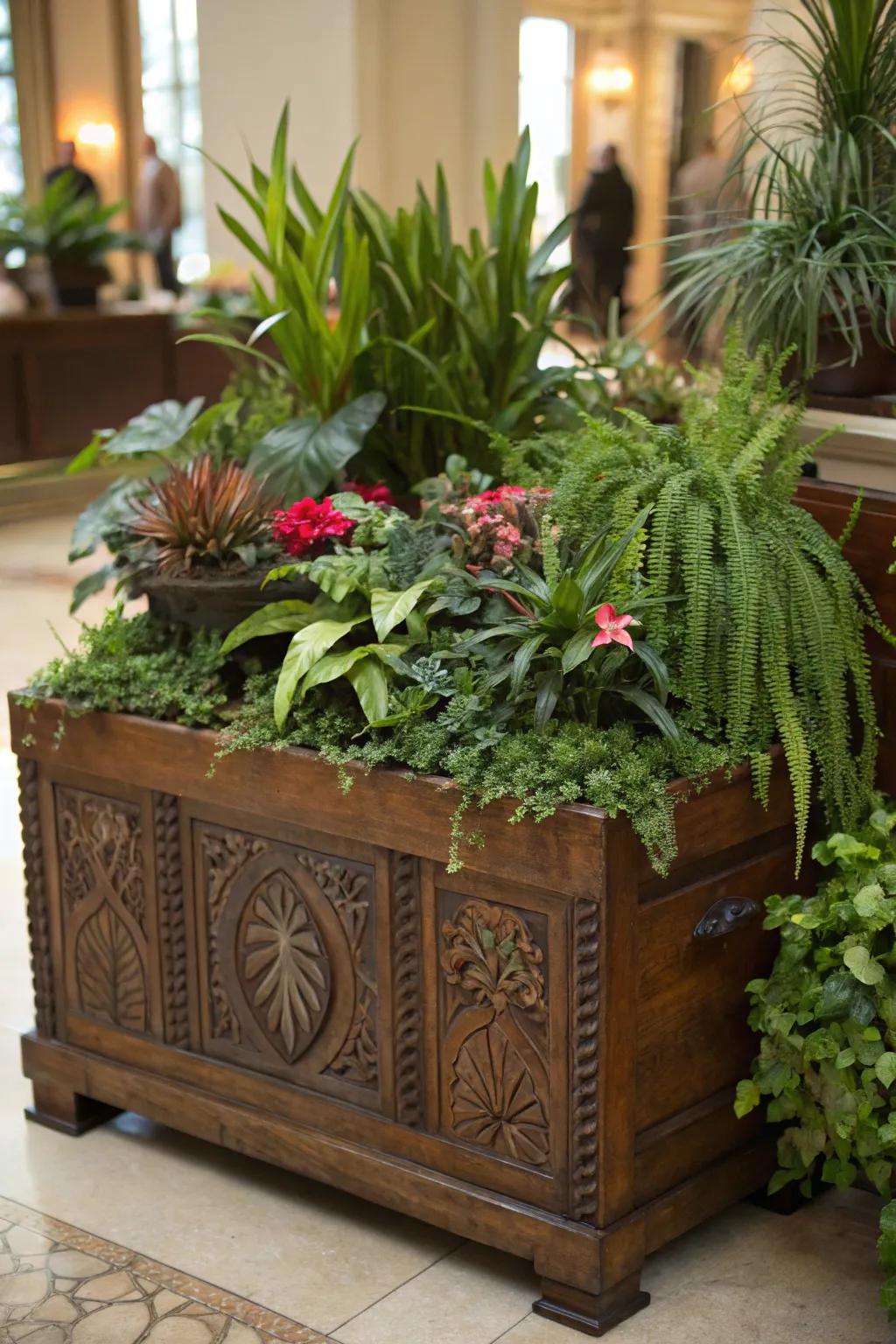 An antique storage chest becomes a rich greenery display, introducing nature indoors.