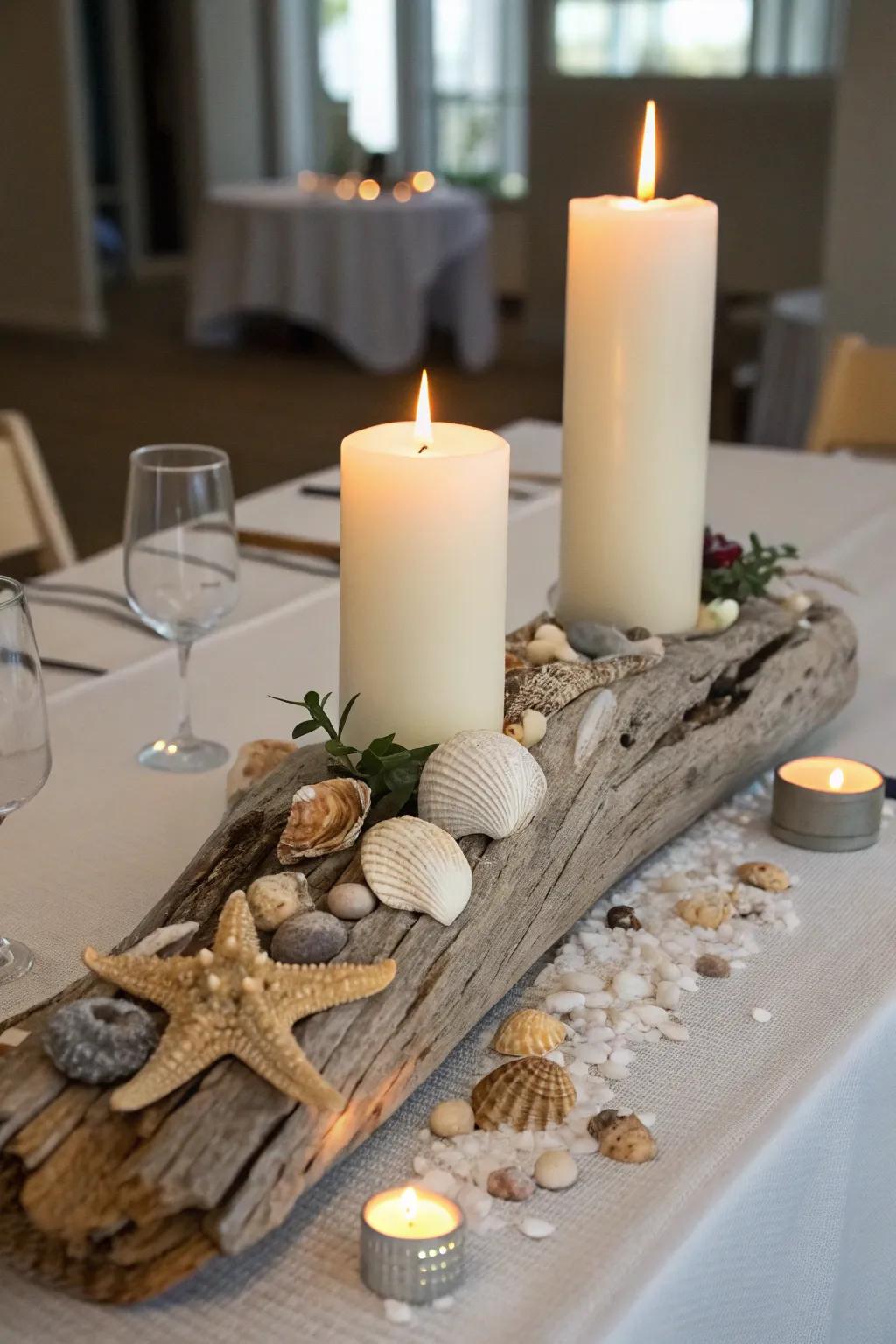 Beach-inspired charm with a seaside wood centerpiece base.
