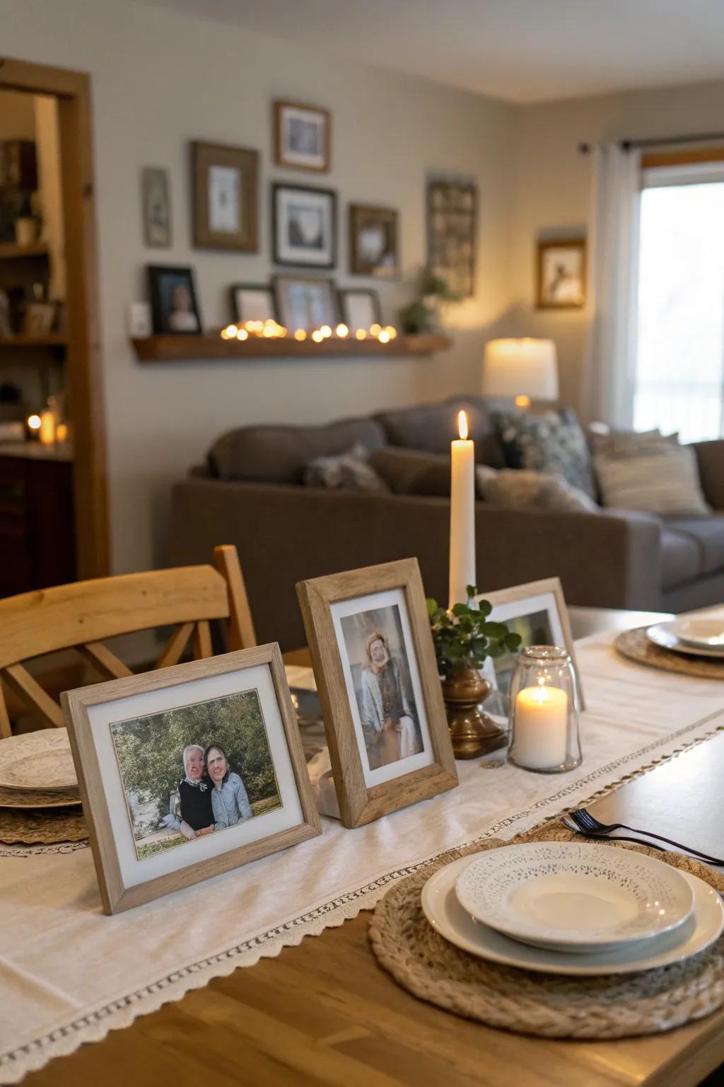 Personal photos make for a warm and inviting centerpiece.