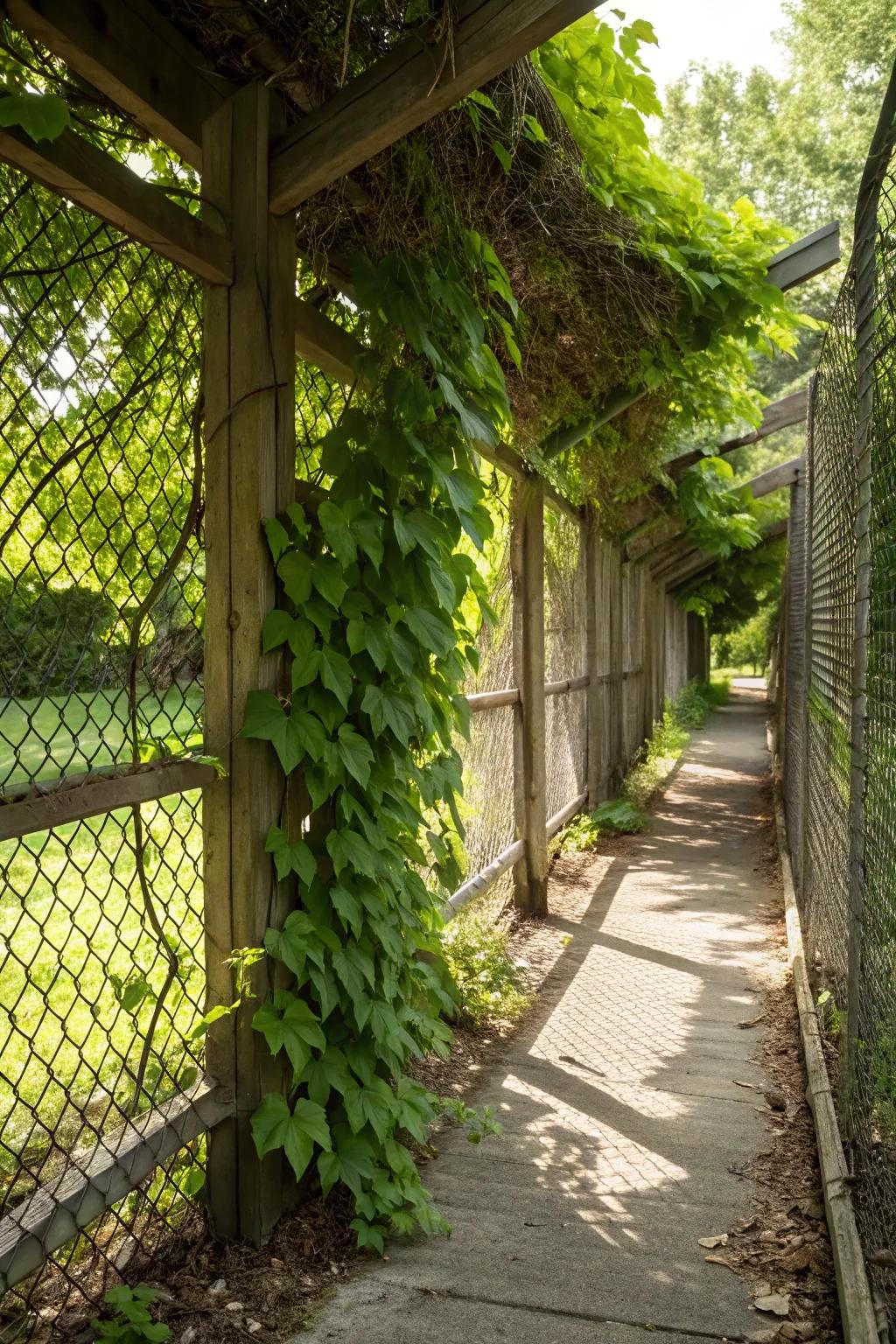 A vine-enveloped framework can transform a simple fence into a garden masterpiece.