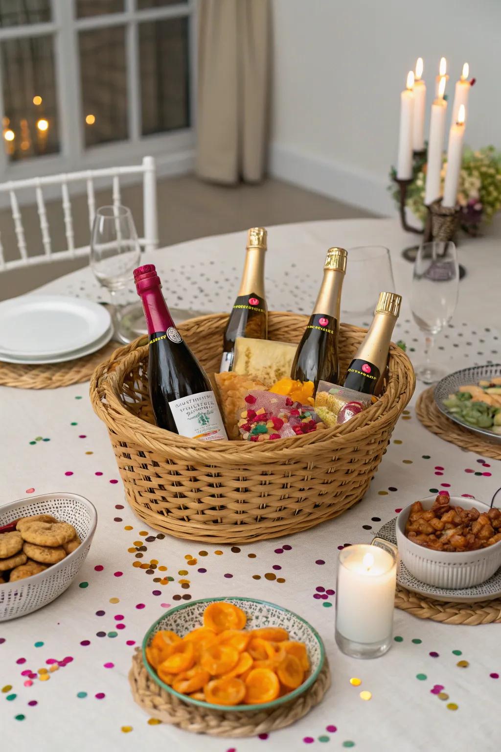 Celebratory extravaganza with savory snacks and multi-colored confetti.
