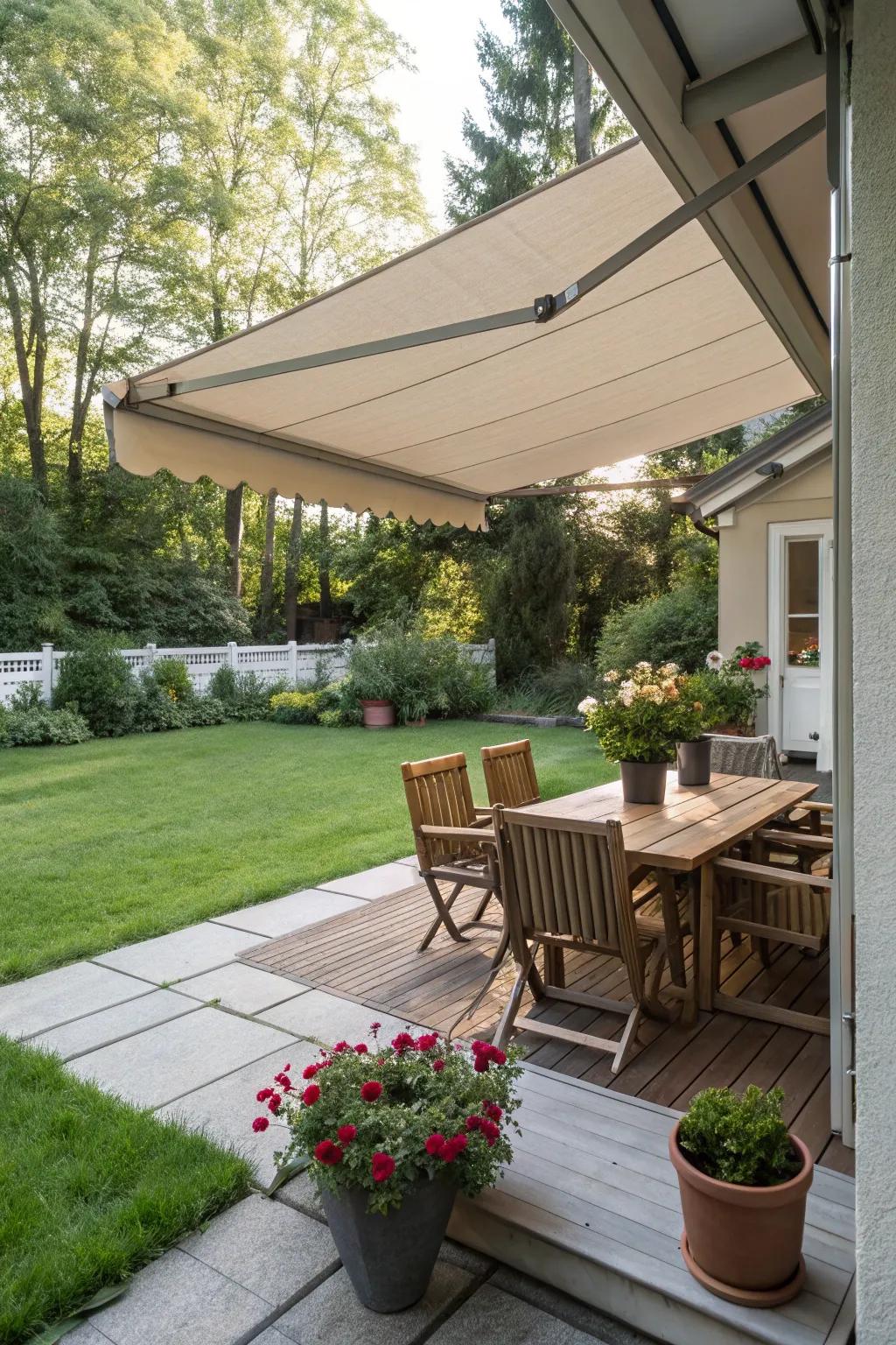 A simple awning offers shade and style to your patio.