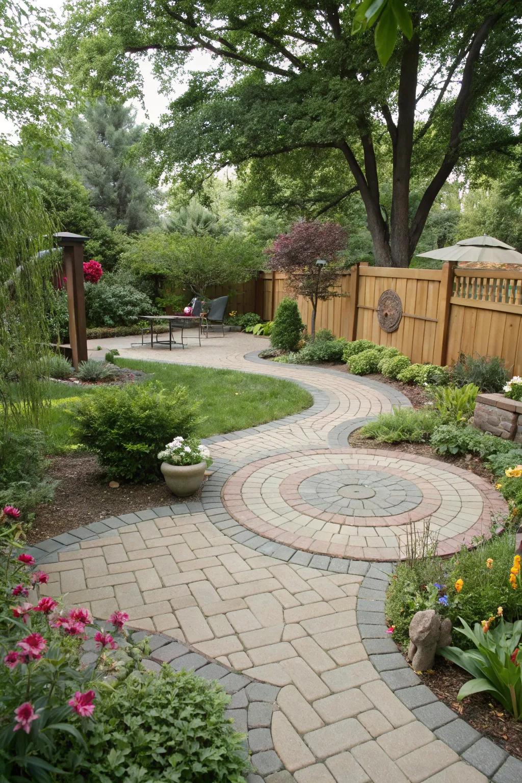 Circular paver paths adding intrigue and playfulness.