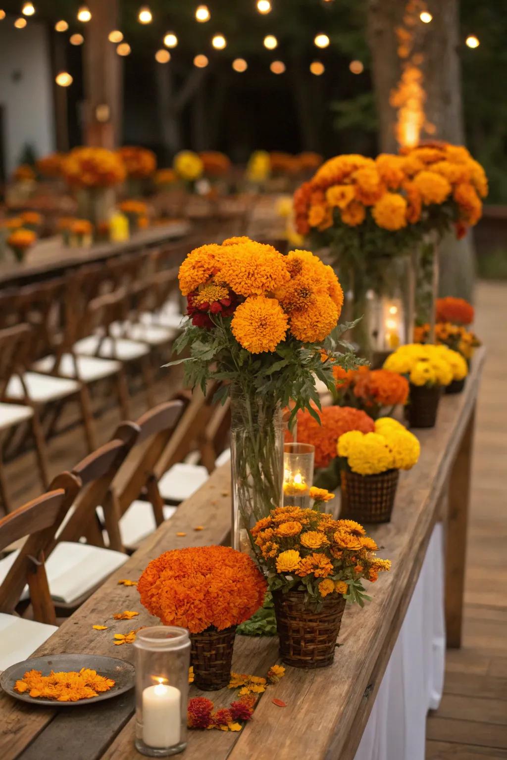 Marigolds contributing warmth and economy to wedding decor.