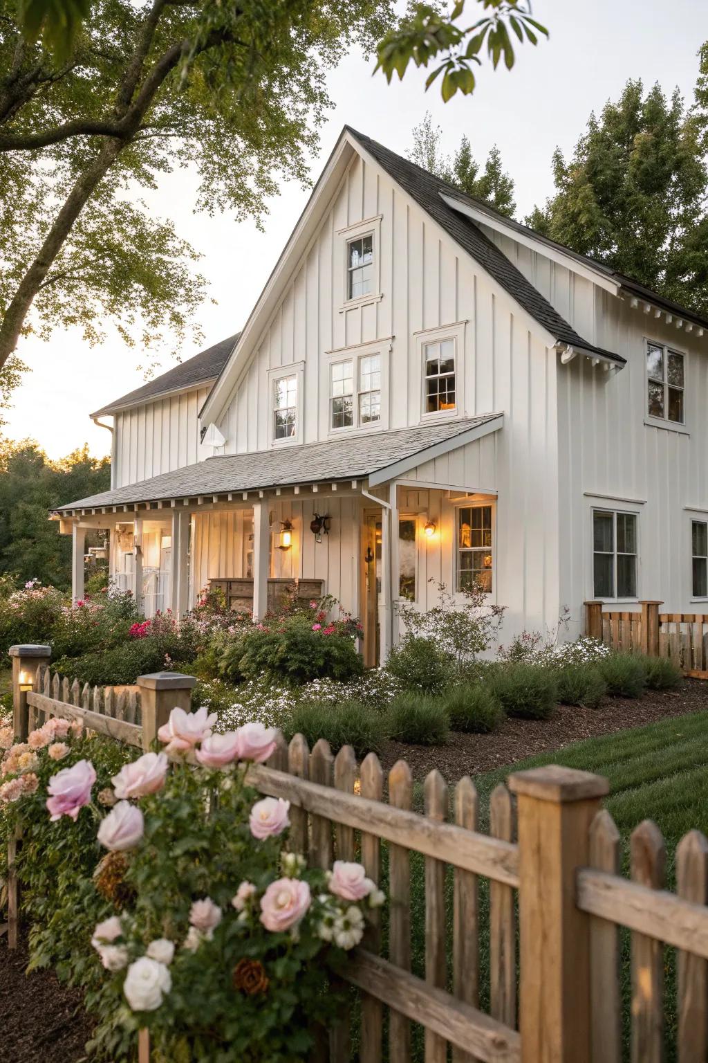 Plank and board siding adds farmhouse charm and elegance.